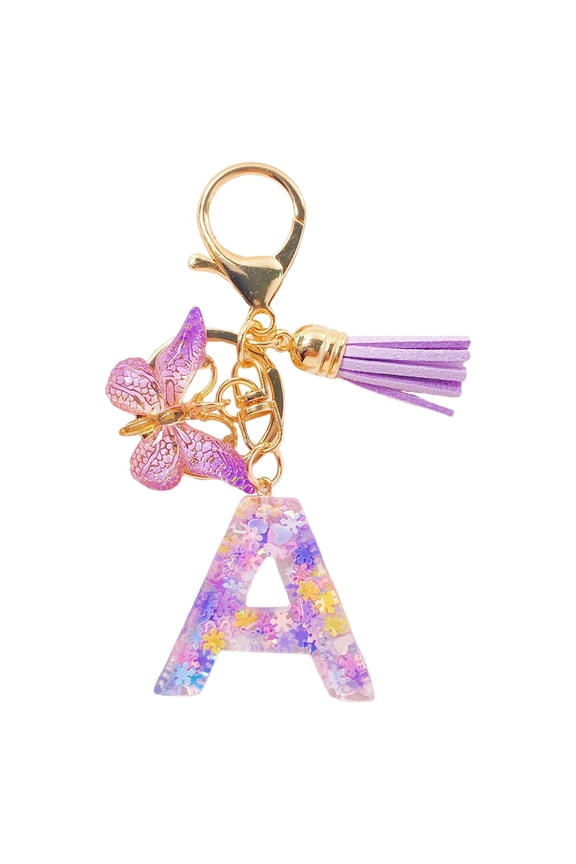 Personalized Initial Letter A Resin Glitter Keychain with Tassel and Butterfly, Purple Gold Lobster Clasp Purse Charm Bag Hanger Gift for Women Teens