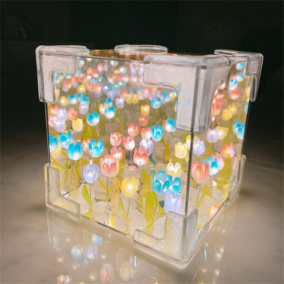 Holloyiver DIY Tulip Night Light LED Table Lamp for Bedroom, Handmade Simulation Flower Transparent Vase, Cube Artificial Flower Valentines Birthday Gifts for Women Girlfriend Wife