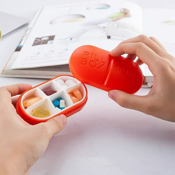 Holloyiver Daily Pill Organizer, 6 Compartments Portable Moisture Proof Small Pill Case for Pocket Purse Travel Pill Box Portable Medicine Vitamin Fish Oil Holder Container (Orange)