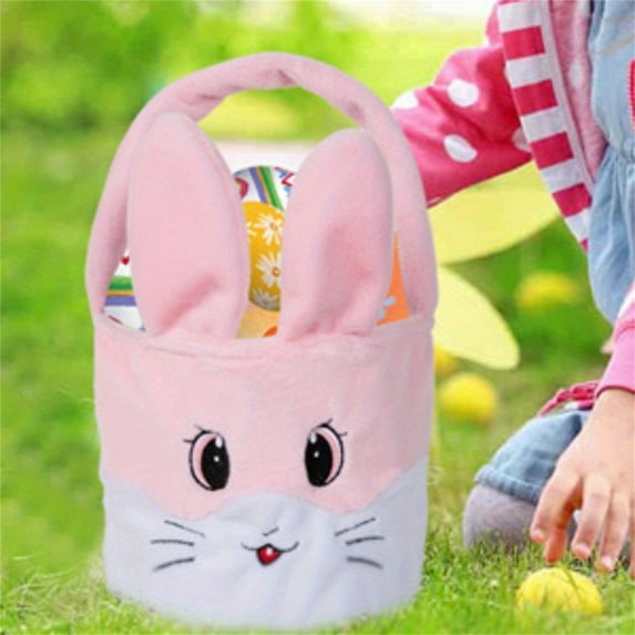 Holloyiver Easter Bunny Basket Bags for Boys Girls, Cute Plush Rabbit Bucket Tote for Easter Egg Hunts Decorations Candy Gifts Storage
