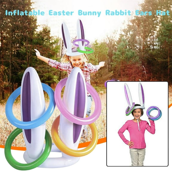 Holloyiver Easter Inflatable Bunny Rabbit Ears Ring Toss Party Games with 4 Rings, Indoor Outdoor Rabbit Ring Toss Toys Gift Party Favors Kids Family Easter Party Supplies Carnival Game
