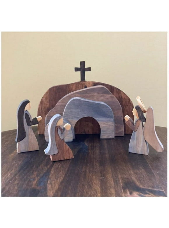 Holloyiver Easter Scene Wooden Decoration, Christian Decor Gifts Empty Tomb, Easter Decor Nativity Scene Set Gift, The Empty Tomb Easter Scene and Cross Figurines Spring Decor Easter Crafts