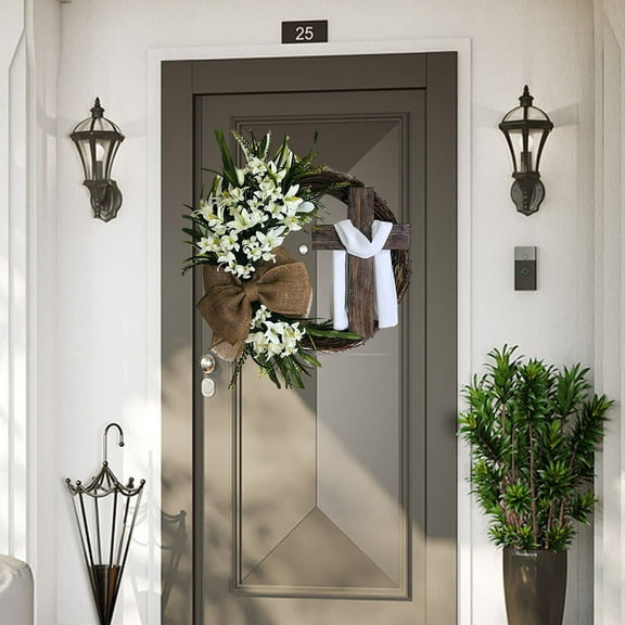 Holloyiver Easter Wreath Door Hanging Decoration with Cross Burlap Bow, 15Inch Front Door Grapevine Vine Wreath Chaste Lily Floral Garland Rustic Wreath for Outdoor Outside Porch