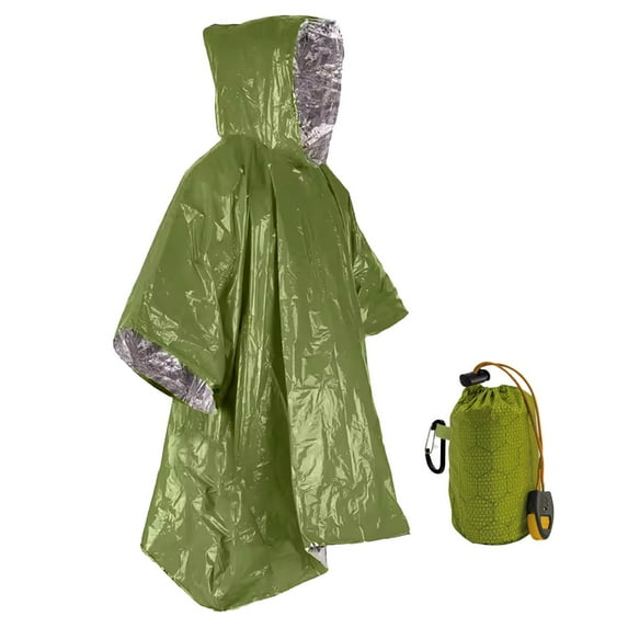 Holloyiver Emergency Rain Poncho and Storage Bag, Green Thermal Mylar Space Blanket Sack Survival Kit for Car Activities Hiking Camping Gear Equipment