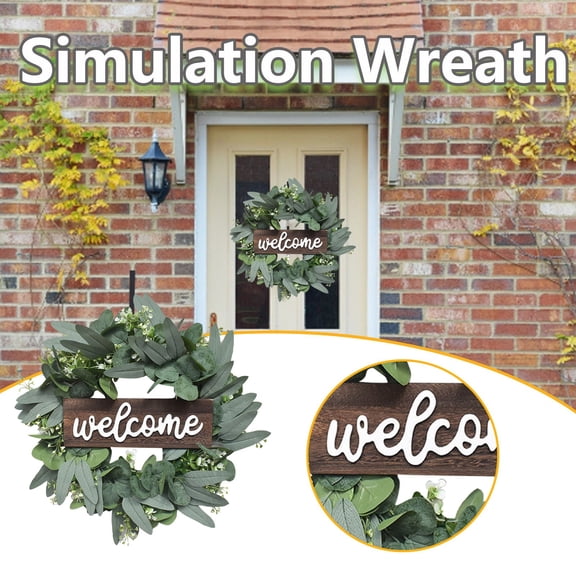 Holloyiver Eucalyptus Wreath, 16.5" Green Spring Artificial Eucalyptus Leaves Wreath with Welcome Sign for Indoor Outdoor Farmhouse Home Porch Wall Window Festival Wedding Decor