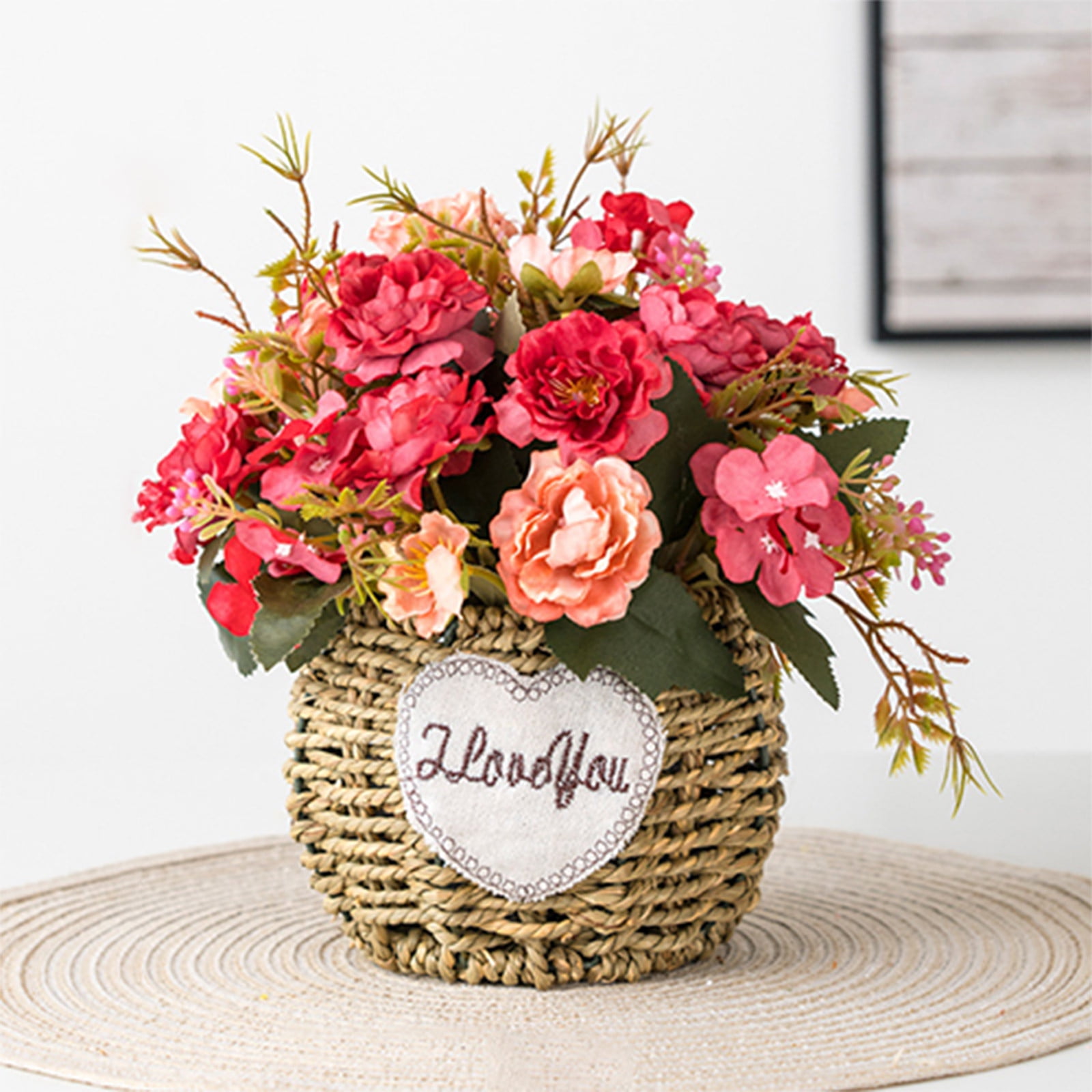 Holloyiver Fake Flowers with Weave Basket Vase, Artificial Flower in Vase Faux Flower
