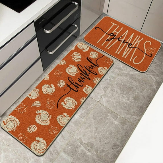 Holloyiver Fall Pumpkin Kitchen Rugs and Mats for Home Decoration, 2 Pcs Non-Slip Backing Pumpkin Mat, Fall Decor Autumn Thanksgiving Kitchen Rug Sets with Runner 47.2"x15.7"&12.6"x15.7"