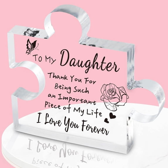 Holloyiver Gifts for Daughter Acrylic Puzzle Plaque, Christmas Birthday Gifts for Daughter 4.1x 4.1 Inch Desk Decorations, Festival Presents Wooden Puzzle-shaped Home Decor from Mom Dad