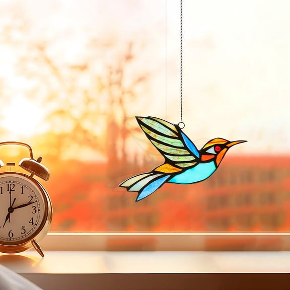 Holloyiver Glass Birds Window Hanging, Sun Catchers Vivid Real Stain Glass Light Suncatcher with Hangers Hummingbird Stained Glass Decor, Indoor Windows Hanging Decor from Ceiling Gift
