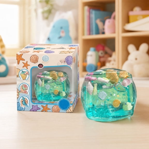 Holloyiver Glitter Ocean Ice Cubes Squishies Toys, Cooling Squeeze Toys with Sea Shell and Conch, Soft Slow Rising Squishy with Ocean Design