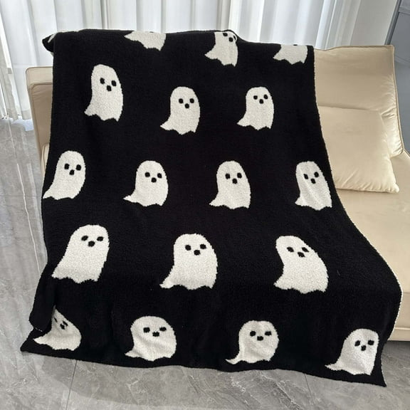 Holloyiver Halloween Ghost Throw Blanket, Flannel Reversible Super Soft for All Seasons Blankets, Kawaii Plush Cute Throw Blanket for Bedroom Bed Living Room Sofa Couch 60"x51", Black