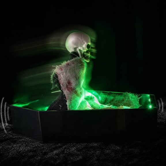 Holloyiver Halloween Pops Up Skeleton Coffin Decoration Animated Rising Skull Prop With Green LED Lights Creepy Light Up Skeleton In Black Coffin