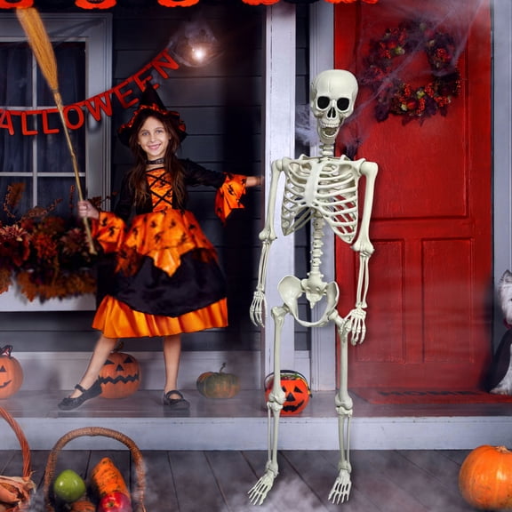 Holloyiver Halloween Skeleton Decorations, 64.9" Full Body Poseable Skeleton Plastic Bones with Movable Posable Joints for Halloween Indoor Outdoor Party, Graveyard, Haunted House Accessories