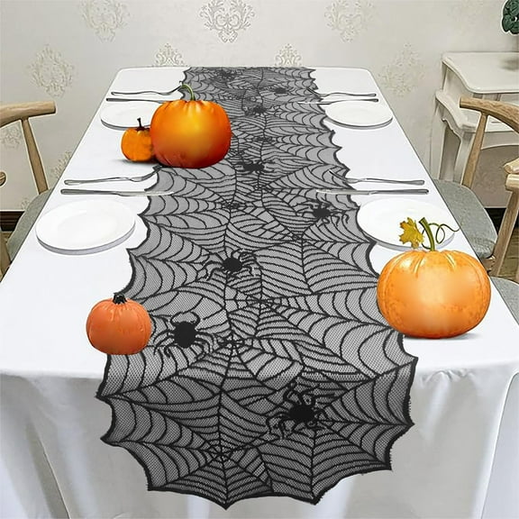 Holloyiver Halloween Table Runner, Black Lace Spider Webs Table Runners, Table Cloth Halloween Decorations Indoor Party Dinner Kitchen Centerpiece Cobwebs Tablecloth 18 x 64 Inches