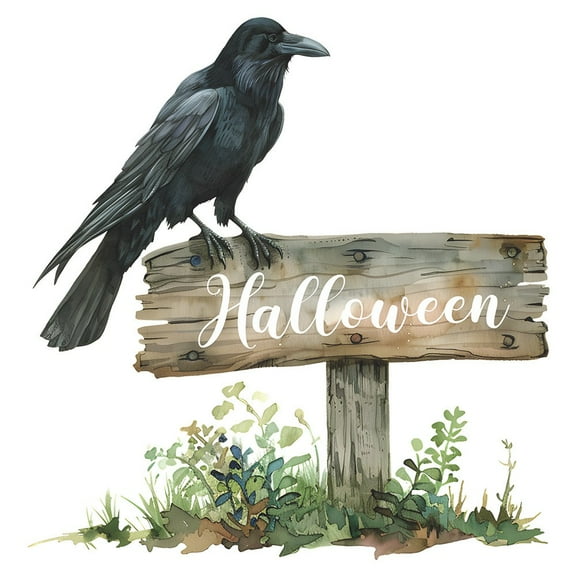 Holloyiver Halloween Wall Decals, Rustic Black Crow Decor, Happy Halloween Stickers Wooden Signboard Pattern Welcome Halloween Wall Decor, Vinyl Removable Decor for Bedroom Living Room