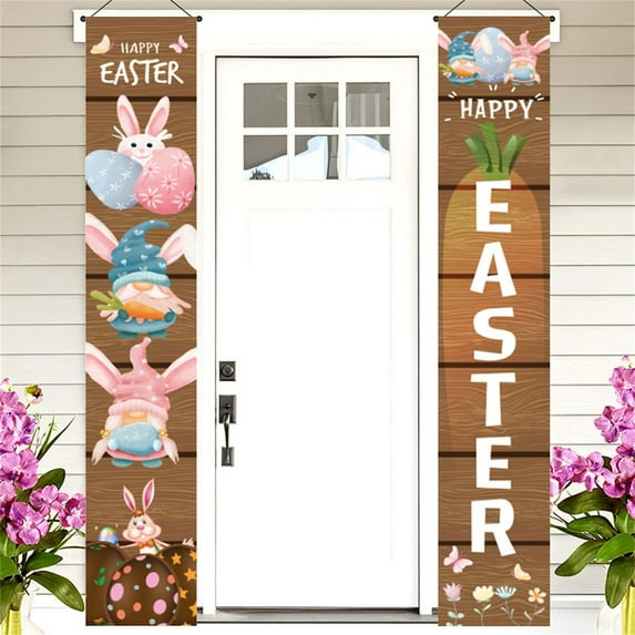 Holloyiver Happy Easter Bunny Rabbit Porch Banner Sign, Eggs Gnome Front Door Decorative Hanging Welcome Banner Flag, Seasonal Spring Decoration Home Outdoor Decor
