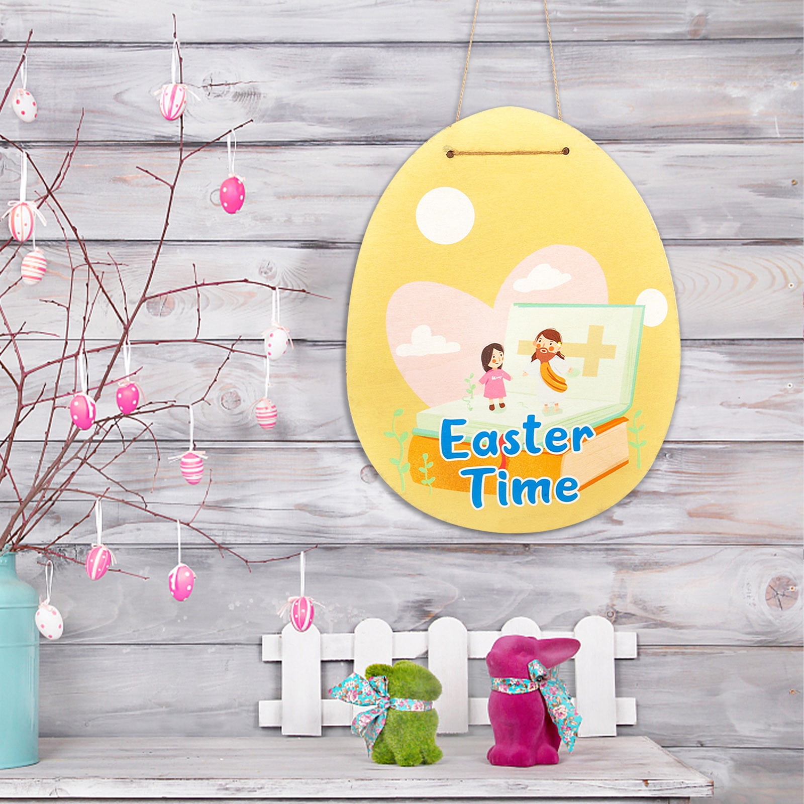 Holloyiver Happy Easter Egg Wooden Hanging Sign, Egg Bunny Rabbit ...