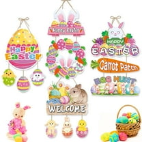 Holloyiver Happy Easter Spring Welcome Decor for Home Indoor Outdoor, Bunny Chick Eggs Door Sign Wall Door Hanger, Spring Easter Decorative Wooden Sign Wall Plaque Holiday Wreath Wall Decor