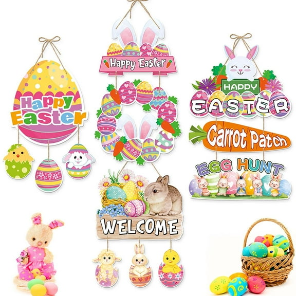 Holloyiver Happy Easter Spring Welcome Decor for Home Indoor Outdoor, Bunny Chick Eggs Door Sign Wall Door Hanger, Spring Easter Decorative Wooden Sign Wall Plaque Holiday Wreath Wall Decor