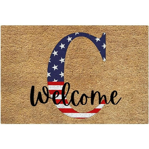 Holloyiver Independence Day Welcome Doormat, 4th of July Coir Doormat with Non Slip Backing American Map Patriotic Mat, Initial Letter Stripes Front Porch Rugs for Entrance, 16 x 24 Inch