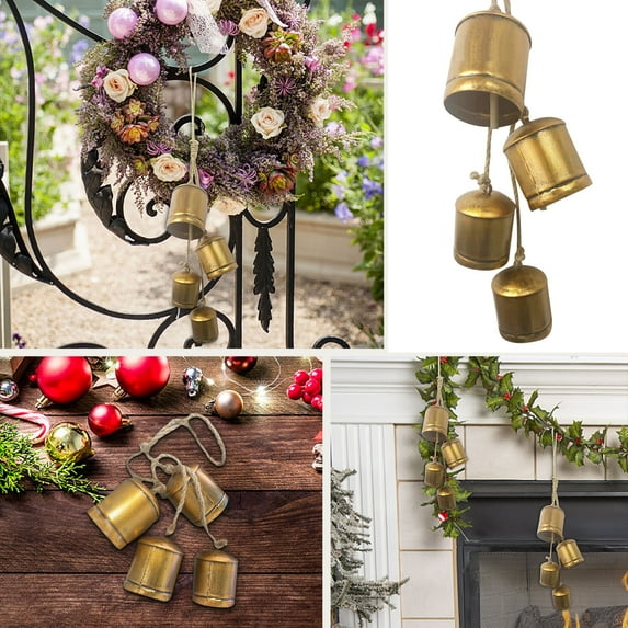 Holloyiver Iron Bell Chime, 4 Bells Relaxing Tranquil Wind Chimes Christmas Decor, Christmas Cow Bells Rustic Hanging Bell with Rope Iron Xmas Garden Metal Bells Outdoor For Home Decor