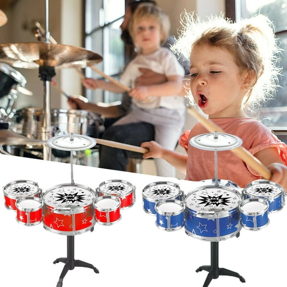 Holloyiver Kids Drum, Jazz Drum Musical Toys, 5 Drums with Drumstick Hammer Mini Band Rock Set, Toddler Educational Percussion Musical Instrument Drum Toy, Birthday Gift for Kids Gift Set