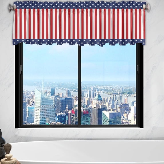 Holloyiver Kitchen Curtains Valances, Independence Day Strip Stars American Flag, Red Blue White Short Rod Pocket Valances for Windows for Bedroom, Bathroom, 1 Panel, 54" W x 18" L