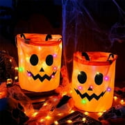 Holloyiver LED Light Halloween Candy Bags, Light up Trick or Treat Bags Reusable Pumpkin Bucket, Collapsible Multipurpose Halloween Baskets for Kids Birthday Party Goody Favors (Orange)