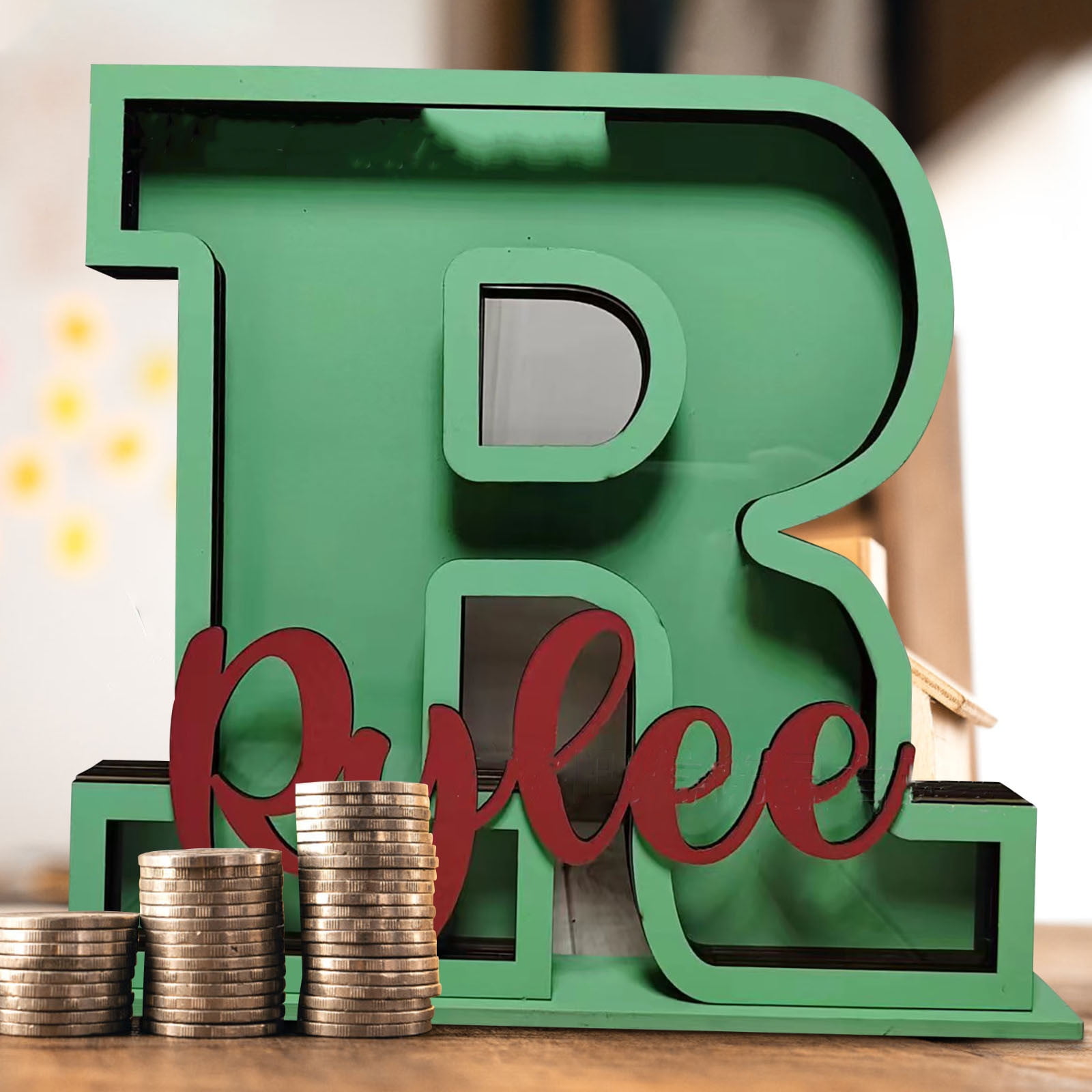 Weallbuy Large Letter Piggy Bank For Kids Boys Girls Wooden Personalized Piggy Banks A-Z With Target Area Clear Alphabet Banknote Coin Banks For Gift Decoration Baptism (F