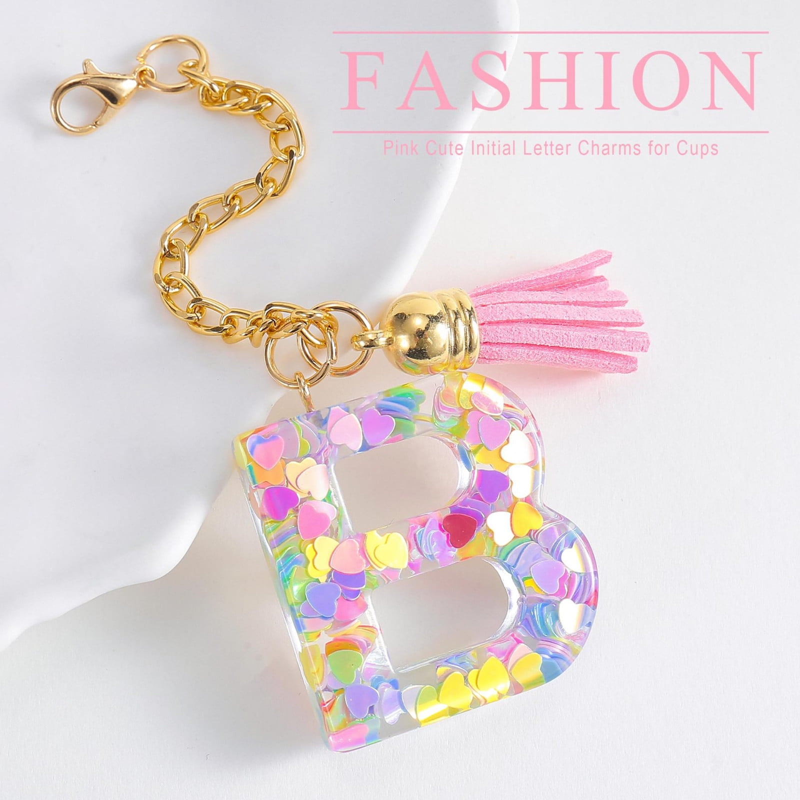 Orange Pink Letter S Keychain For Women - Butterfly & Sequins Resin Alphabet Initial Pendant With Pink Tassel, Medium Size (1.5"x4")