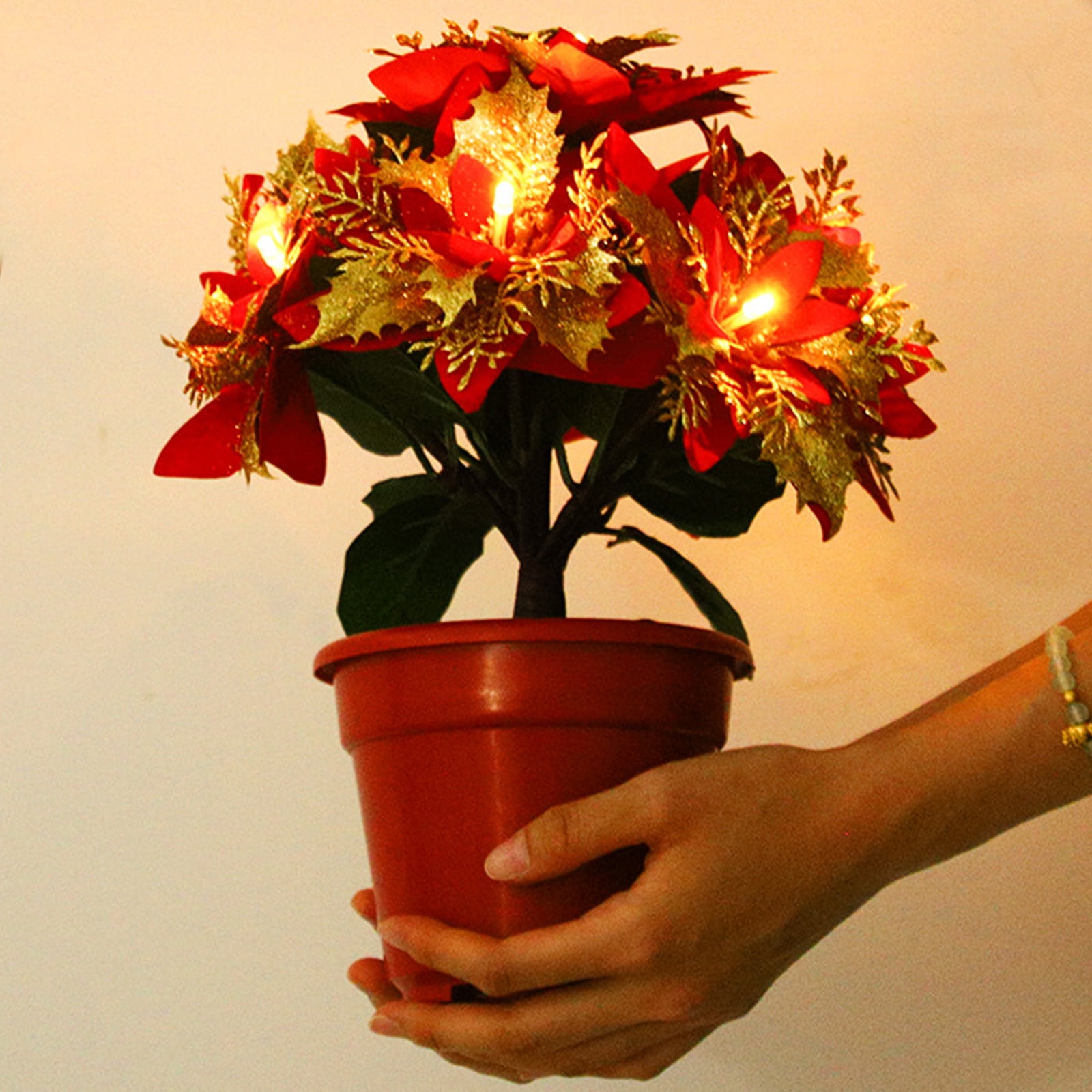 Holloyiver Lighted Poinsettias Artificial Christmas Flowers in Pots, Glitter Poinsettia Flowers Christmas Decorations Fake Poinsettia Plants for Indoor Outdoor Decor Xmas Gift