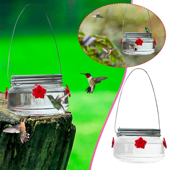 Holloyiver Mason Jar Hummingbird Feeder for Outdoors Hanging, Glass Humming Bird Feeders with 4 Feeding Ports, Top Fill Leak-Proof Design Easy to Use and Clean, Silicone Flowers