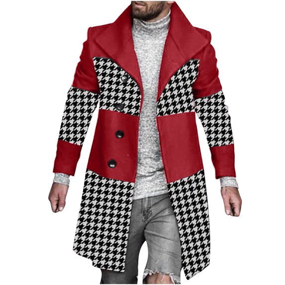 Holloyiver Men Casual Tops Printed Patchwork Woolen Coat Long Sleeve Turn-down Collar Jacket Red