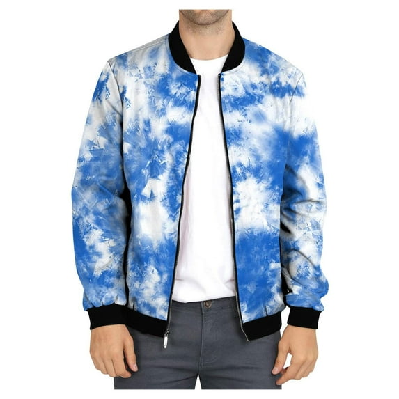 Holloyiver Men's Casual Temperament Fashion Stand Collar Zipper Jacket Printed Long Sleeve Hoodless Casual Jacket Light Blue