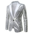 thumbnail image 1 of Holloyiver Men's Color Matching Sequin Suit, One Button Dress, Performance Suit, Long Sleeved Lapel Collar Suit Jacket Coat Blazer Silver, 1 of 7