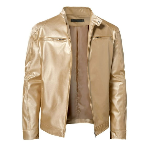 Holloyiver Men's Fashion Autumn Men's Leather Jackets Casual Tops Coats Gold