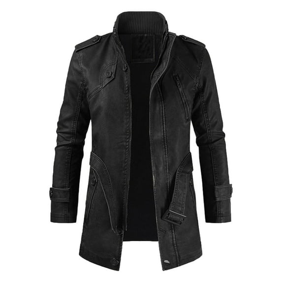 Holloyiver Men's Fashion Casual Warm Fit Thick Leather Long Jacket Long Sleeve Lapel Pocket Zipper Fit Top Coat Black