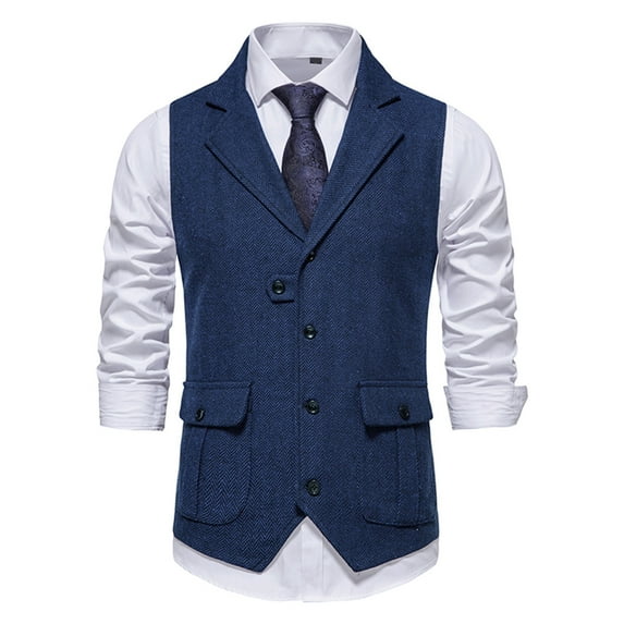 Holloyiver Men's Herringbone Tweed Suit Vest Vintage Lapel Vest Men's Coat Blue
