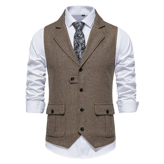 Holloyiver Men's Herringbone Tweed Suit Vest Vintage Lapel Vest Men's Coat Brown