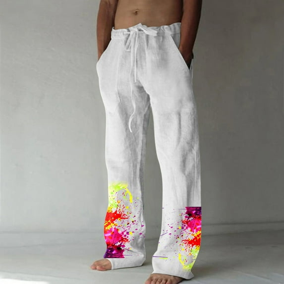 Herrnalise Men's Joggers Cargo Pants Summer Cotton Linen Wide Leg Pants Printed Lace Up Leisure Sports Holiday Pants Ripped Denim Pants for Men For White,3XL