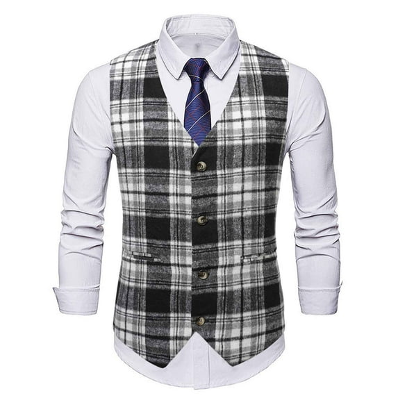 Holloyiver Men's Plaid Waistcoat Wool Blend Tailored Collar/V-neck Slim Fit Vest Suit Business Waistcoat Black