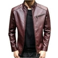 thumbnail image 1 of Holloyiver Men's Standing Collar Leather Jacket Coat Autumn Fashion Pure Color Stand Collar Imitation Leather Jacket Coat Burgundy, 1 of 1