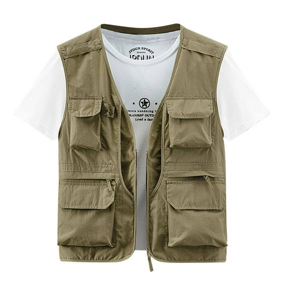 Holloyiver Men's Thin Sports Multi-bag Casual Quick-drying Loose Vest Mountaineering Tooling Outdoor Vest Jackets Khaki
