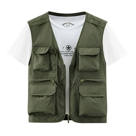 Holloyiver Men's Thin Sports Multi-bag Casual Quick-drying Loose Vest Mountaineering Tooling Outdoor Vest Jackets Olive Green