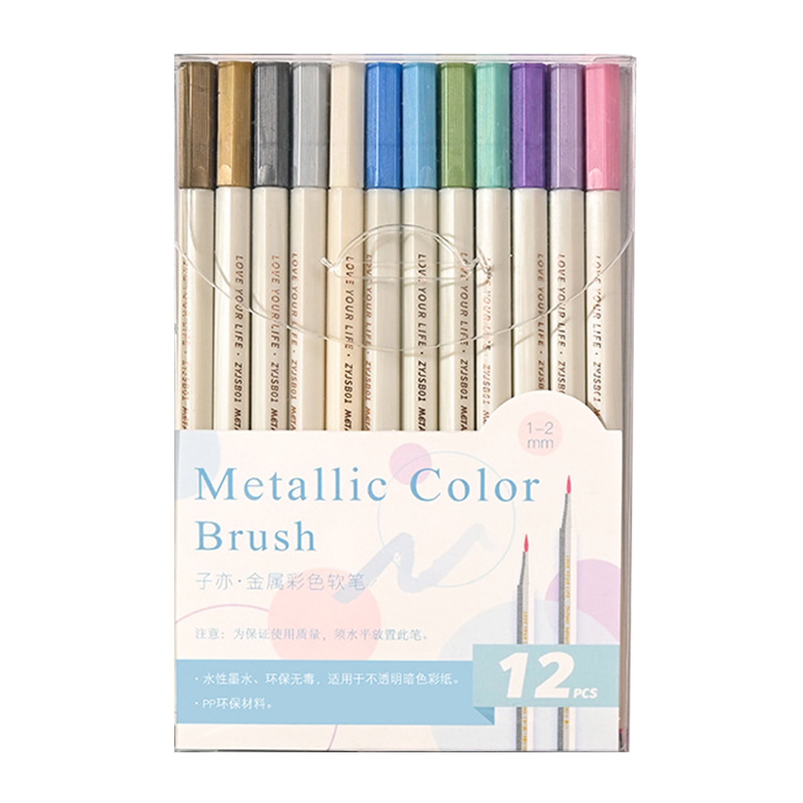 Holloyiver Metallic Calligraphy Marker Pens, 12 Assorted Colors Soft Brush Tip Metallic Calligraphy Painting Pens for Scrapbook DIY Photo Album, Rock Painting, Card Making, Metal and Ceramics