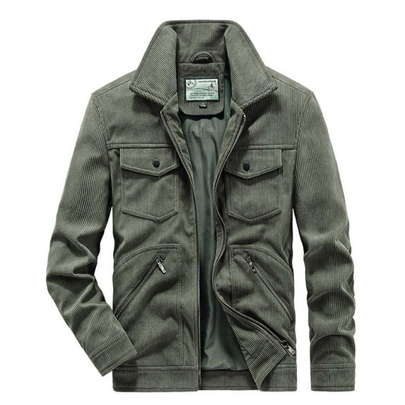 Holloyiver New Casual Fashion Lapel Casual Sheep Jacket Men's Corduroy Gram Shirt Long Sleeve Hoodless Casual Outwear Jackets Olive Green