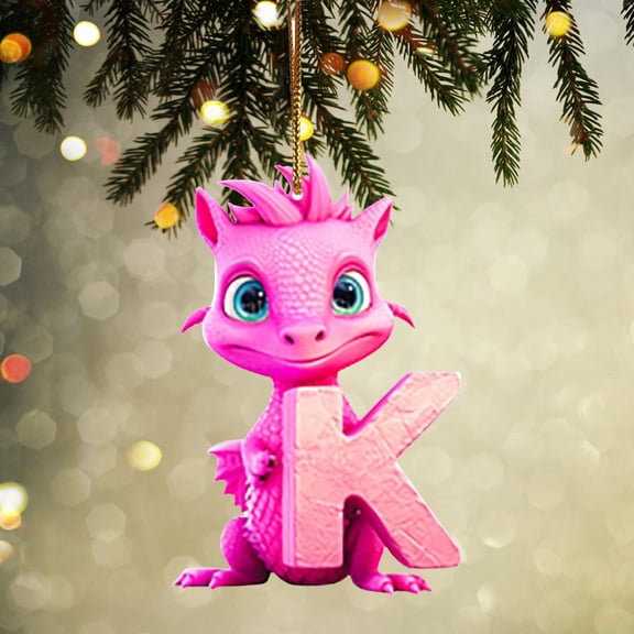 Holloyiver Personalized Pink Dinosaur Christmas Ornament, 26 Letters Hanging Pendant Ornaments, Plastic Initial Monogram Xmas Tree Decorations with Hanging Rope, Customized Funny Gift for Kids