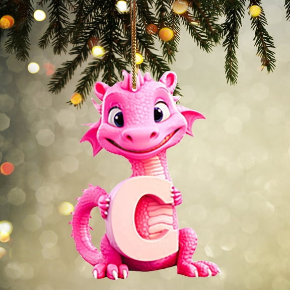 Holloyiver Personalized Pink Dinosaur Christmas Ornament, 26 Letters Hanging Pendant Ornaments, Plastic Initial Monogram Xmas Tree Decorations with Hanging Rope, Customized Funny Gift for Kids