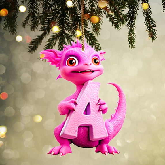 Holloyiver Personalized Pink Dinosaur Christmas Ornament, 26 Letters Hanging Pendant Ornaments, Plastic Initial Monogram Xmas Tree Decorations with Hanging Rope, Customized Funny Gift for Kids