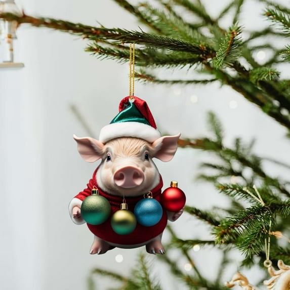 Holloyiver Pig Christmas Hanging Ornament, 2D Acrylic Cartoon Piggy Decorative Ornament Xmas Tree Piggy Pendant for Christmas Tree Decorations Car Backpacks Home Decor Gifts